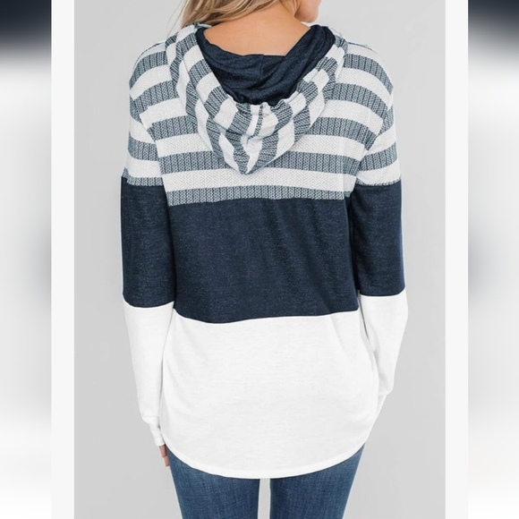 Lightweight Striped Colour Block Navy and White Women's Hoodie - Picture 5 of 13